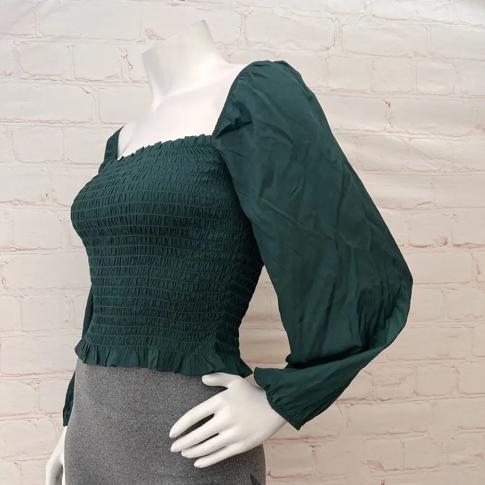 Women Puff Long Sleeve Square Neck Smoked Tops Off The Shoulder Tops Blouses S